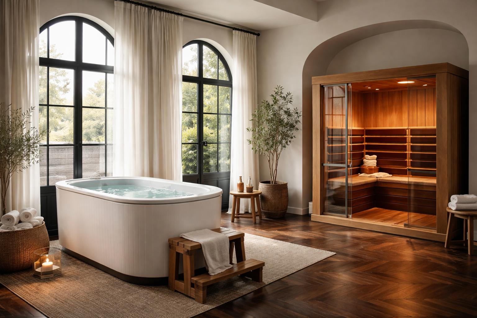 In home Cold plunge and wood sauna in a luxury home spa with floor to ceiling windows and wood floors