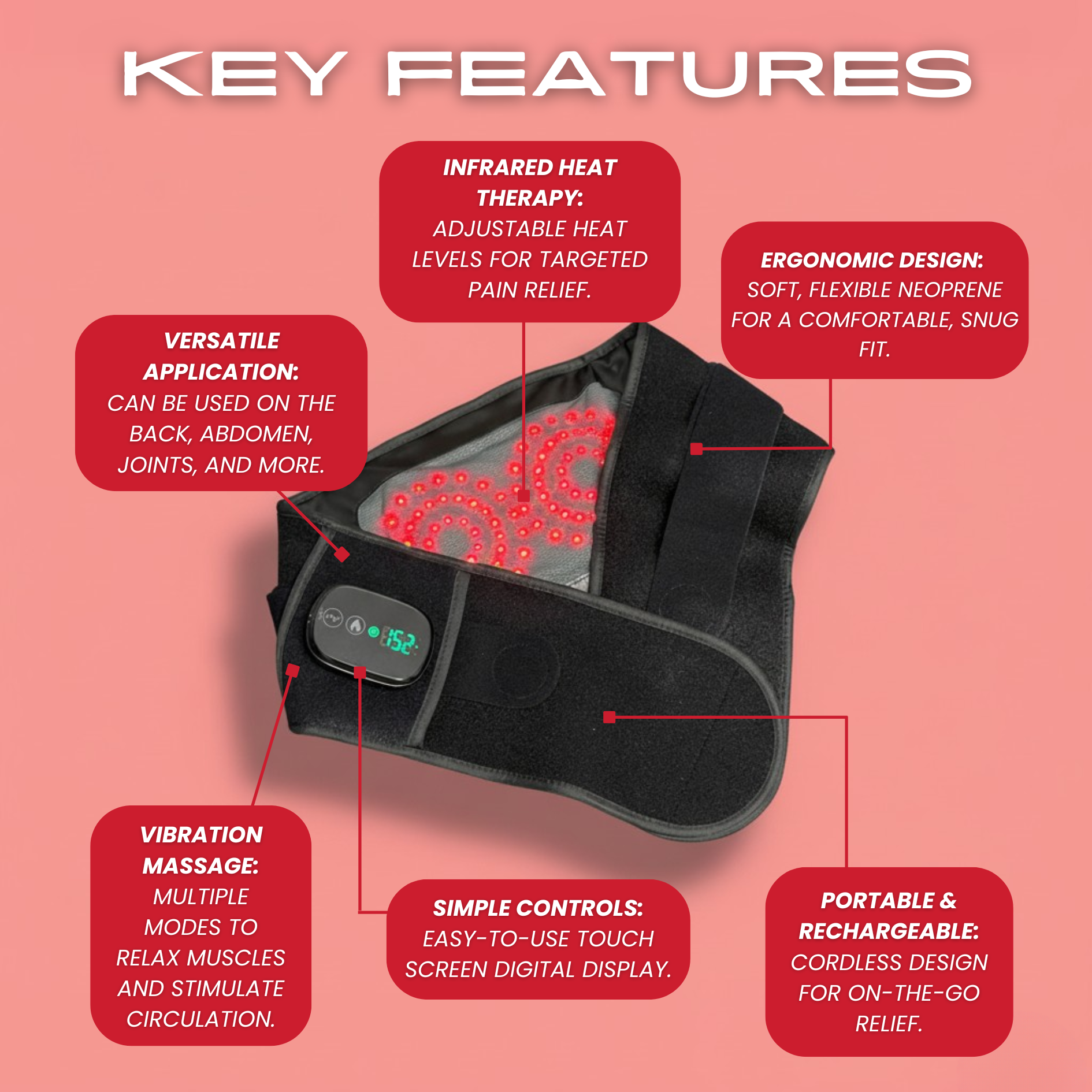 TheraBelt Red Light Therapy Recovery Belt — 660nm & 850nm NIR with Vibration Massage for Muscle Recovery and Circulation Support